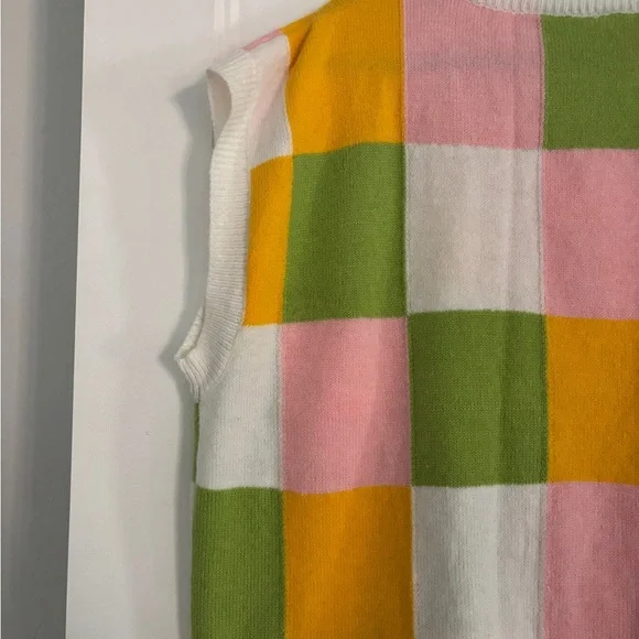 BiBi Checkerboard Crewneck Sweater in White, Pink, Yellow, Green - Picture 5 of 5